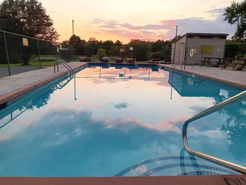 The saltwater pool at sunset, the sky reflected in the water