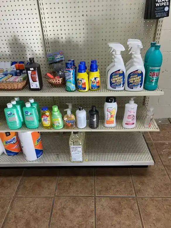 General store shelves stocked with RV items, drinks and snacks
